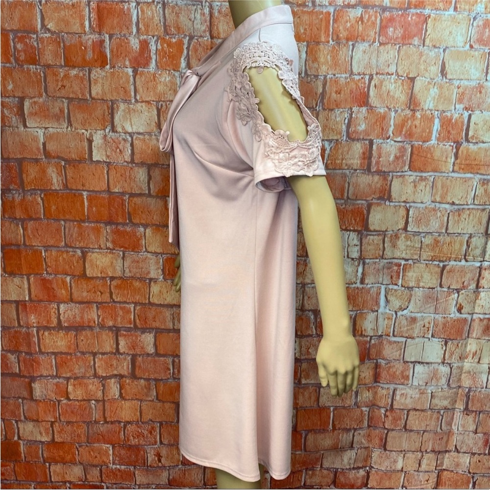 Sheilay Pink Lace Cold Shoulder Bow Tie‎ Shift Tunic Dress - Picture 6 of 10